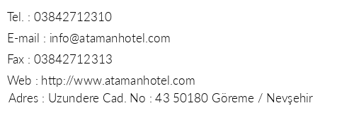 Ataman Cave Hotel telefon numaralar, faks, e-mail, posta adresi ve iletiim bilgileri
